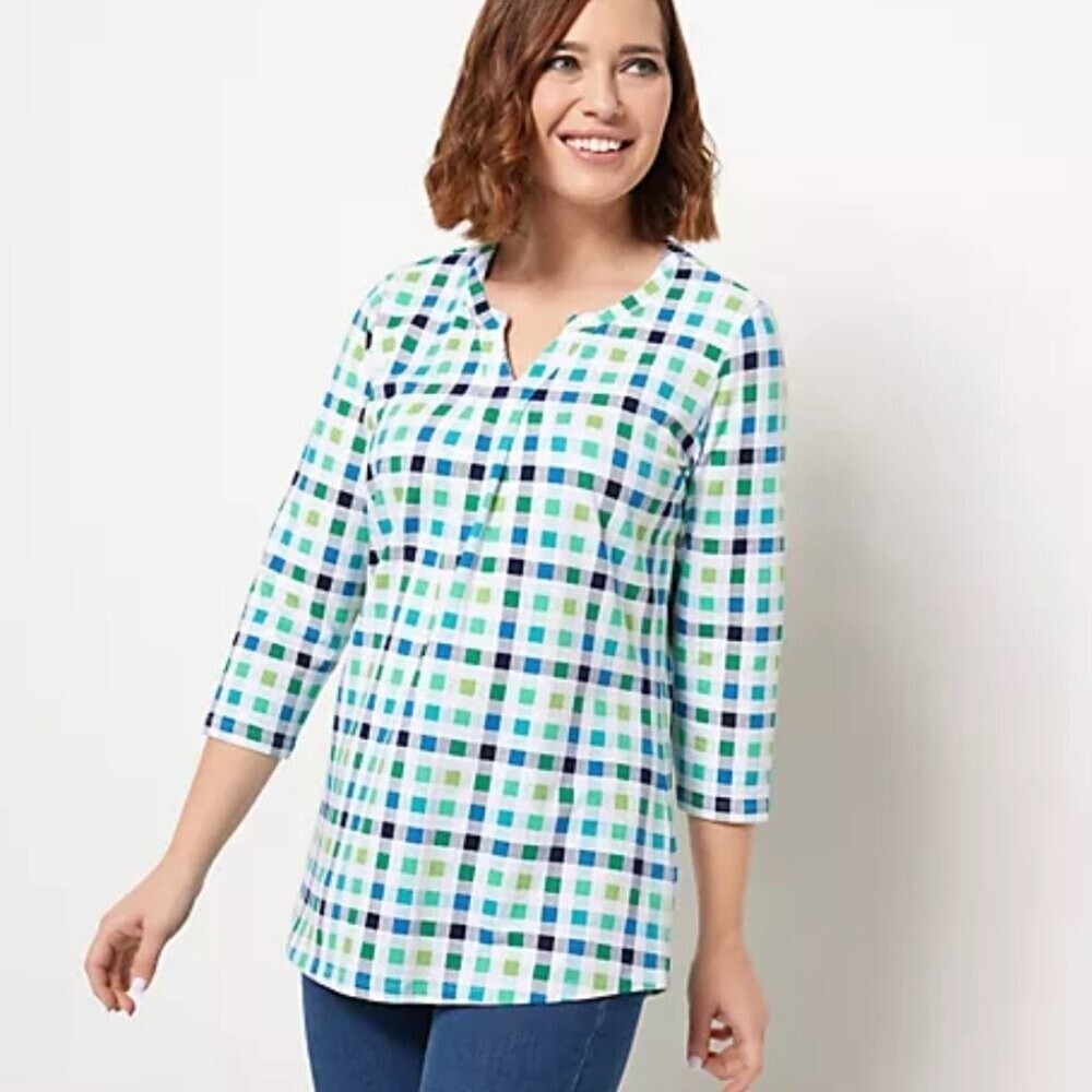 J & Co Plaid Tunic Top 3/4‎ Sleeve V-Neck Casual Blue Green White Size 1XP